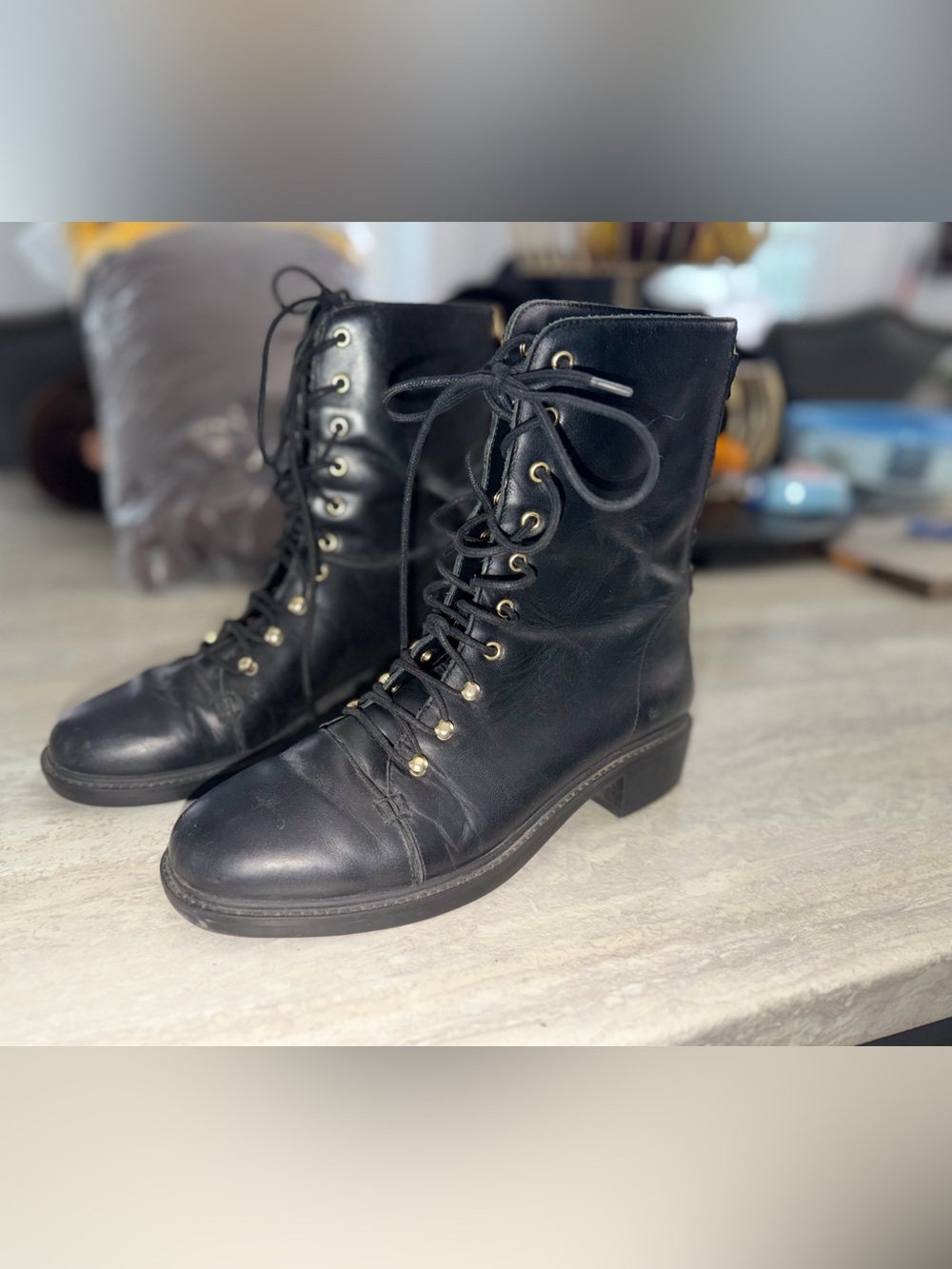 Joie Black Leather Lace-Up Combat Boots